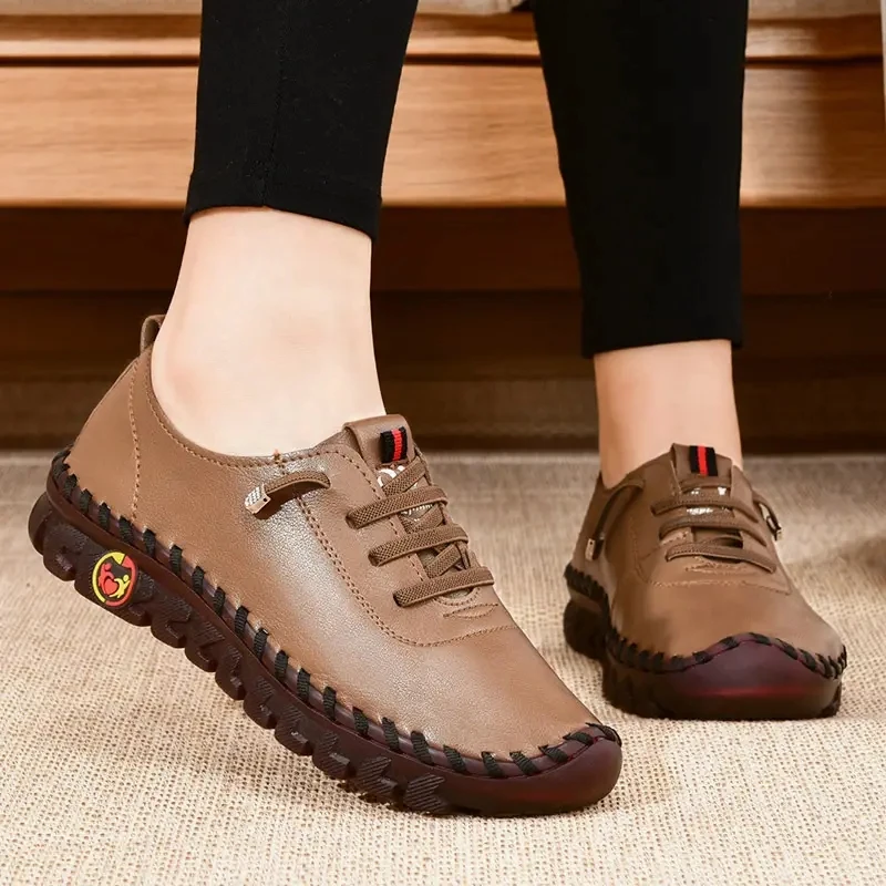 Women Sneakers Vintage Breathable Flat Shoes Platform Loafers Lace Up Leather Slip-On New Fashion Casual Mom Shoe Zapatos Mujer