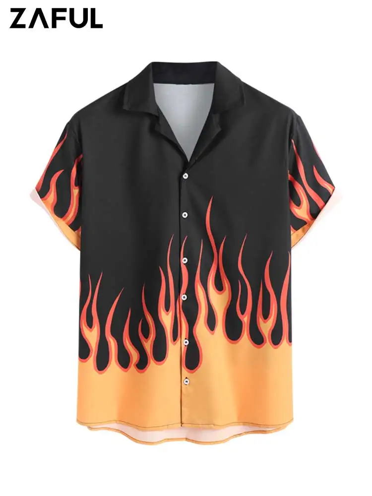 

ZAFUL Shirts for Men Flame Printed Button Fly Short Sleeve Turn-down Collar Shirt Summer Streetwear Casual Thin Tops Z5080150