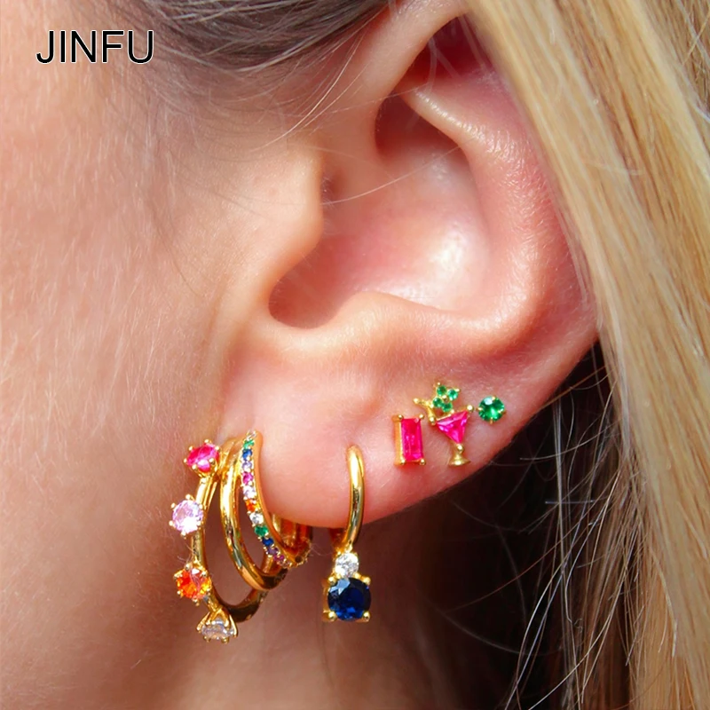 

JINFU Color CZ Zircon Dangle Stud Earrings for Women Copper Gold Plated Famale Piercing Earrings Set 2023 Jewelry Wholesale