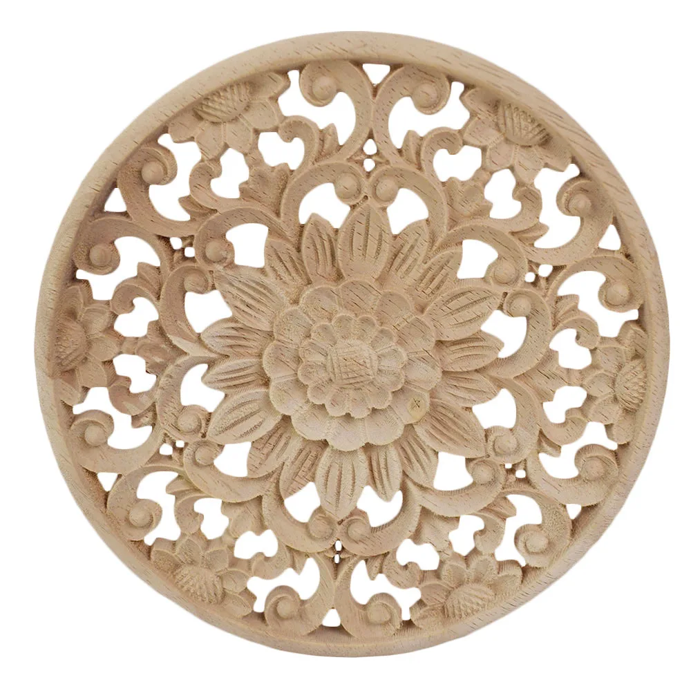 2PCS 10/15/20/24/30cm Carved Flower Round Wood Appliques for Furniture Cabinet Unpainted Wooden Mouldings Decal Decor Figurines