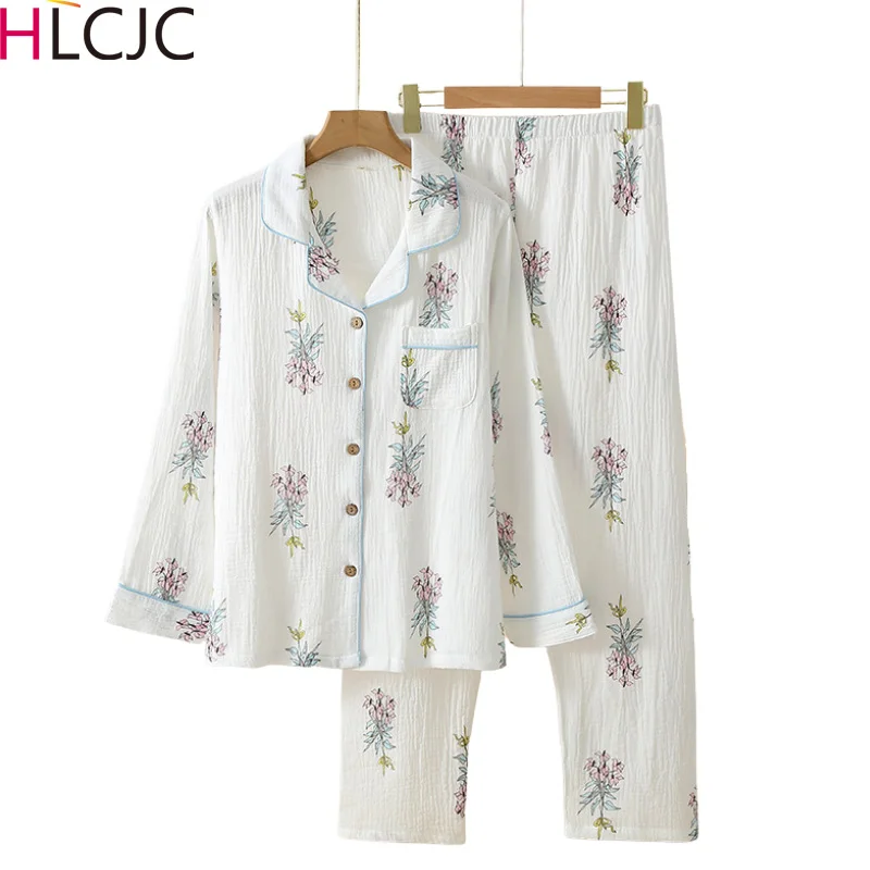 

Женская весенне-осенняя Хлопковая пижама из крепа с длинным рукавом, тонкая мягкая одежда для сна с принтом, женская пижама из двух предметов