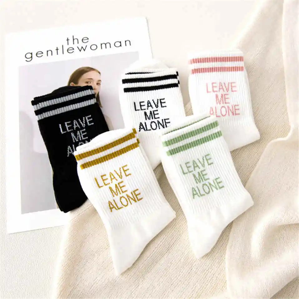 

Fashion Stripe Fashion Women's Socks Printed With Letter Leave Me Alone Cotton Sox Unisex With Inscriptions Hip Hop Skateboard