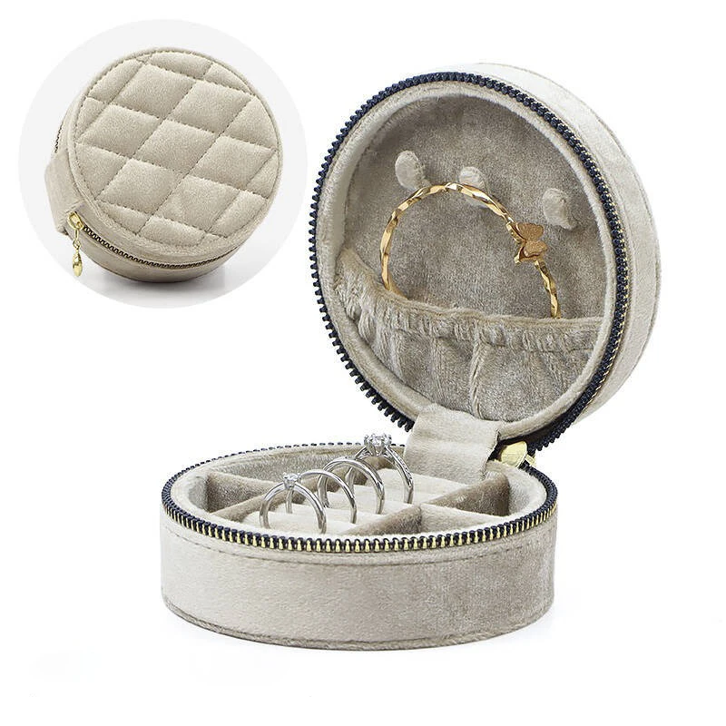 

Круглая бархатная дорожная шкатулка для драгоценностей с бриллиантами, серьги, ожерелье, коробка для хранения колец, портативная коробка для хранения ювелирных изделий на молнии