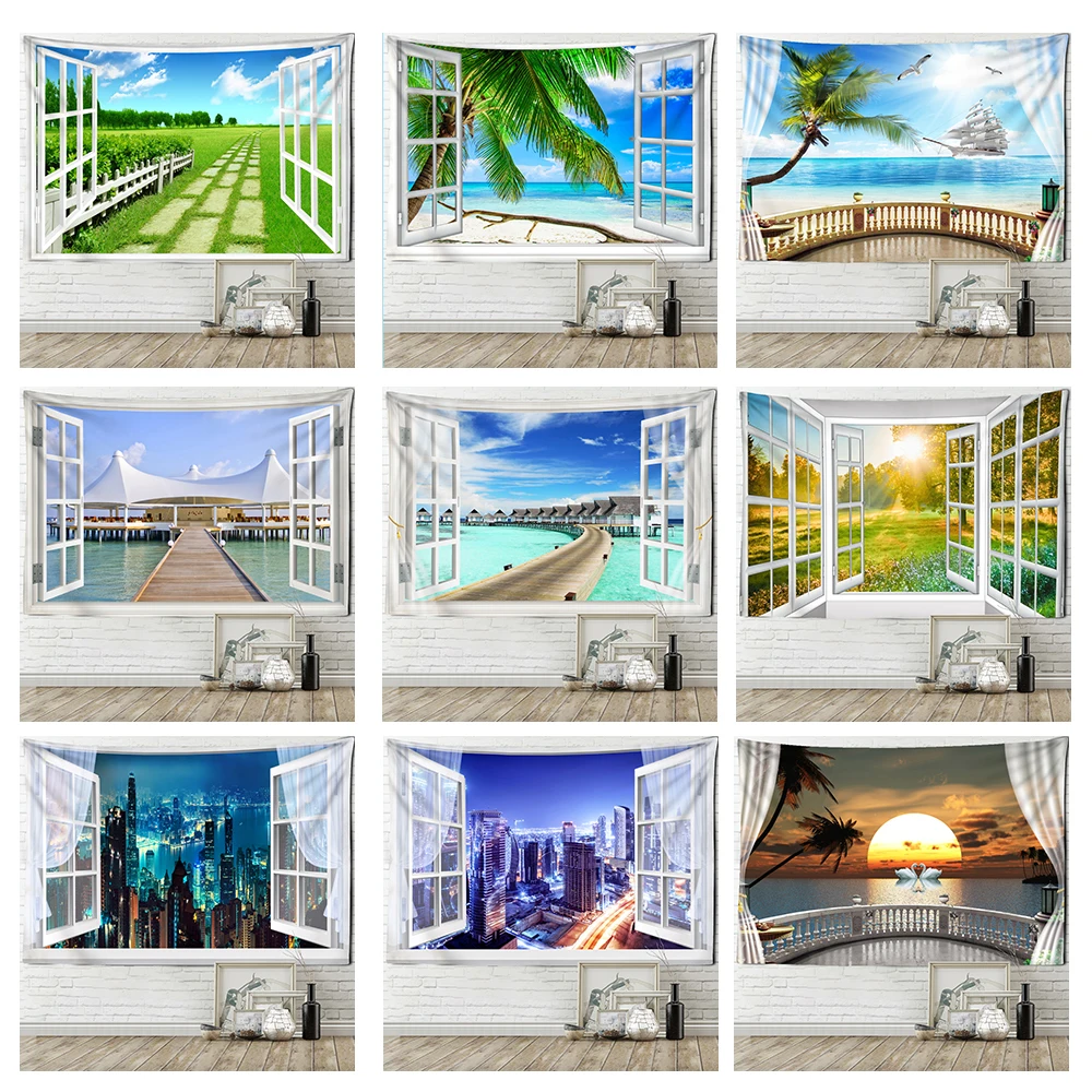 

Seaside Scenery Tapestry Wall Hanging Bohemian Art Living Room Window Painting Simple Nordic Home Decor Background Blanket Tapiz