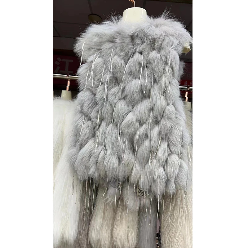 Shiny Sequins Tassel Fur Coat Ladies 2022 Winter Faux Fox Fur Fashion Trendy New Sleeveless Fur Vest Women's Elegant Streetwear