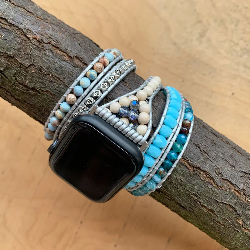 Blue Stone Watch Strap Agalmatolite Crystal Apple Watch Band Fibit Versa 7 Iwatch Smart Watchband Bracelet for Women Boho Gift