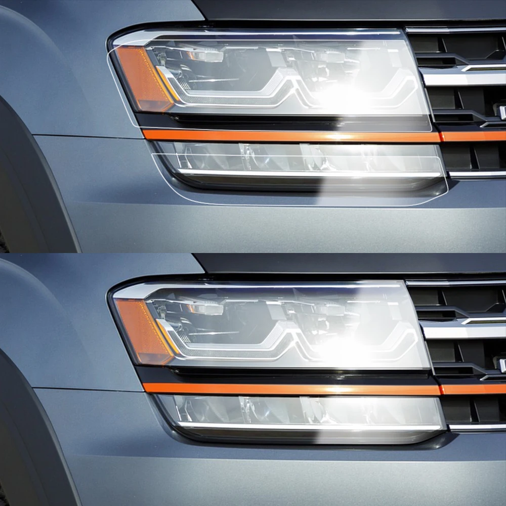 Фото Дымчато-черная защитная пленка для фар Volkswagen Atlas 2017-2019, предварительно вырезанная, антицарапийная, глянцевая виниловая пленка №2