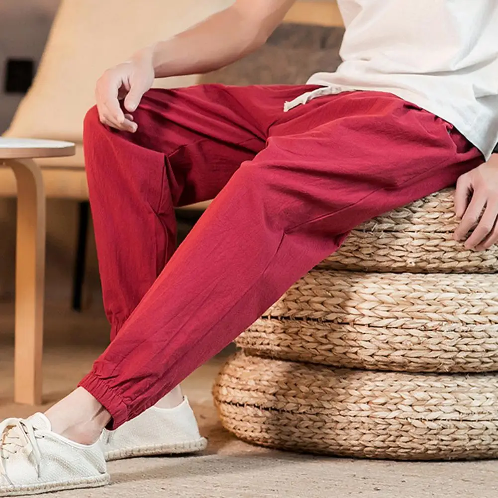 

Male Trendy Mid Waist Ankle Tied Trousers Chinese Style Harem Pants Relaxed Fit for Daily Wear