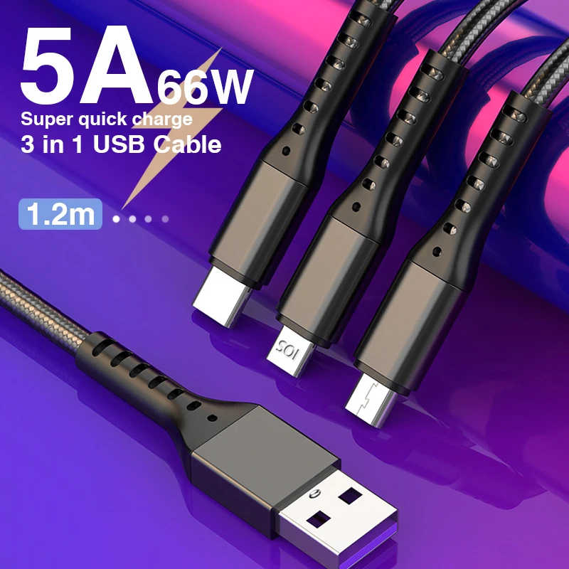 

USB-кабель 3 в 1, Micro USB Type-C, 5A, 66 Вт