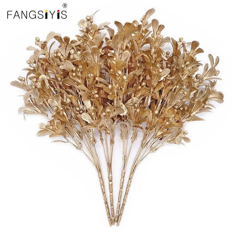 

Christmas Artificial Flower Golden Silver Plastic Plants Home DIY Wedding Bouquet Floral Wall Decoration Accessories Photo Props