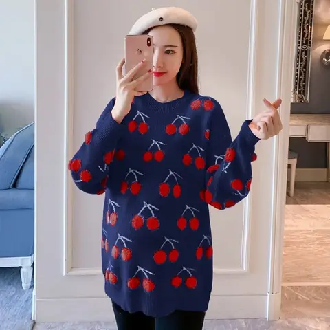 Красный свитер в стиле Харадзюку с вишневым принтом, женская осенне-зимняя одежда, повседневная уличная одежда в иностранном стиле, пуловер, топ