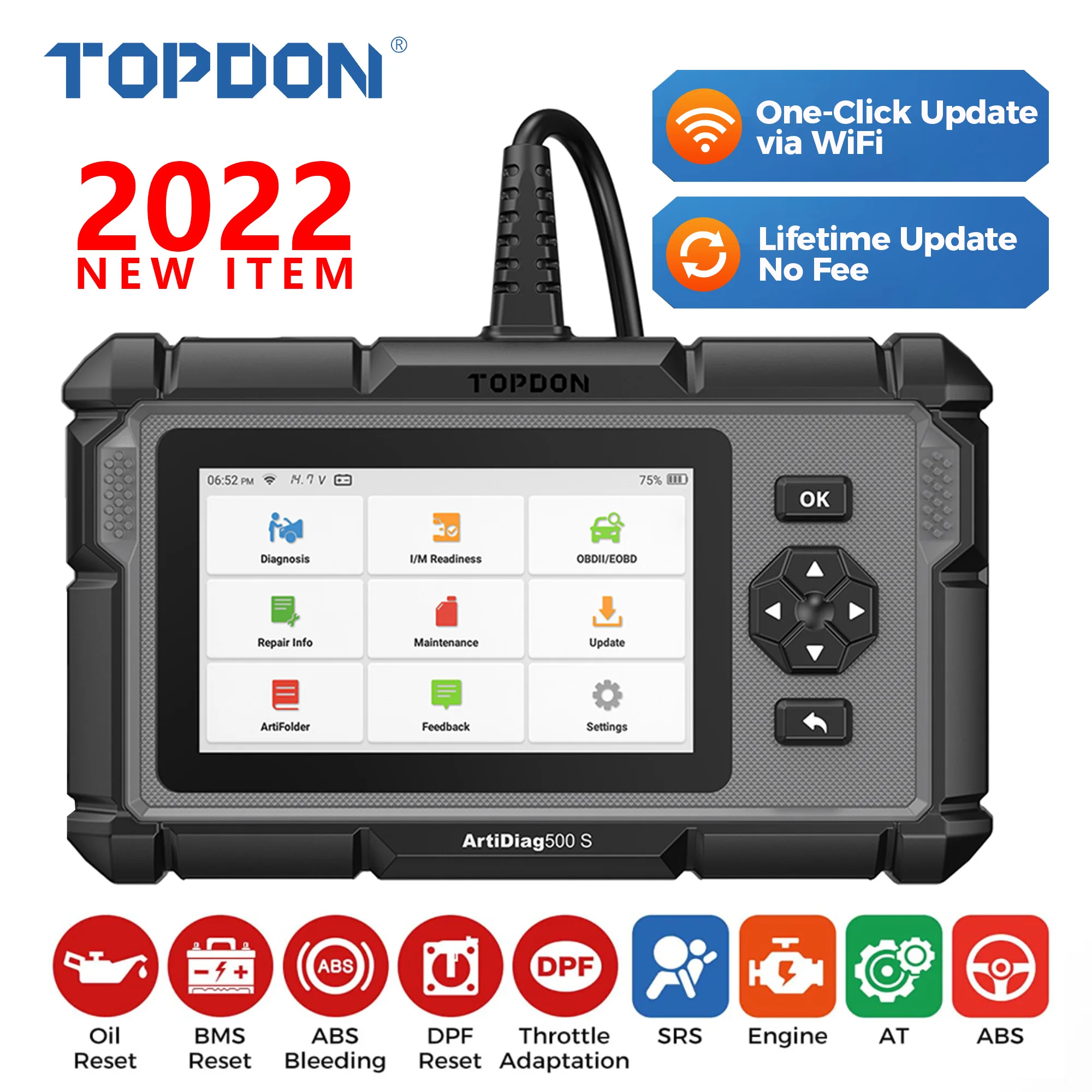 

TOPDON ArtiDiag500S Car OBD2 Scanner Code Reader Scan Tool ENG ABS SRS Car Diagnostics Oil Reset BMS DPF Free Upgrade for DIY
