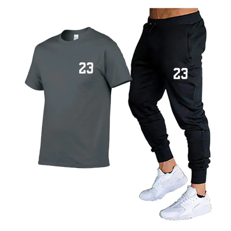 2023 Fashion All-match Men's Sports Suit Men's Casual Suit Spring And Summer Brand Short-sleeved Top + Trousers 2-piece Suit