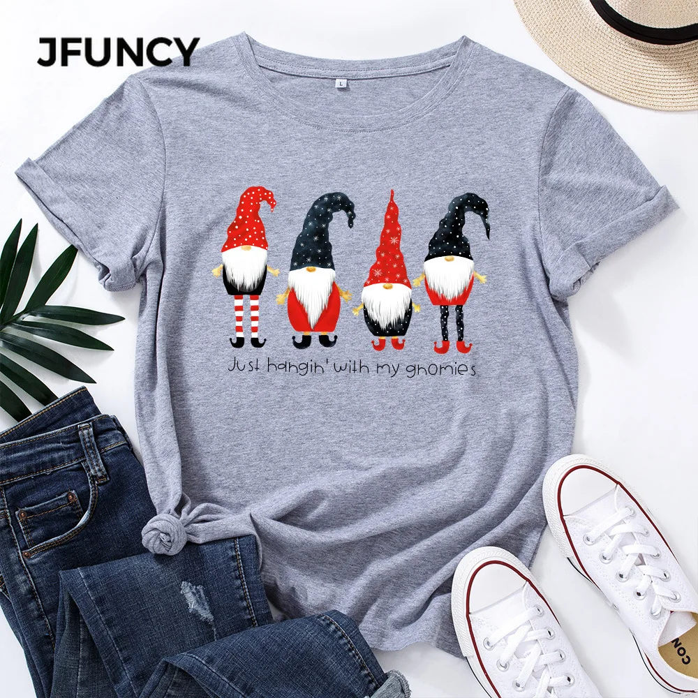 JFUNCY 100% Cotton Women's Tops Christmas Santa Claus Printed T-shirt Female T Shirt Women  Short Sleeve Graphic Tees