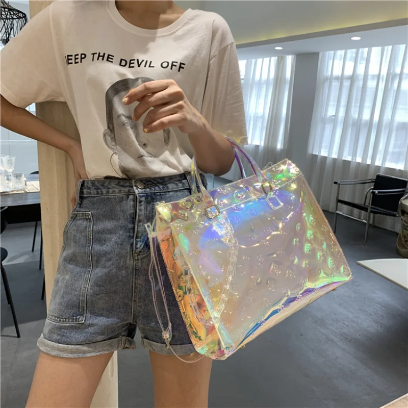 

Fashion Large Seaside Beach Women's Totes Bag Summer 2023 New Colorful Portable Laser Transparent Ladies Travel Shopping Bag