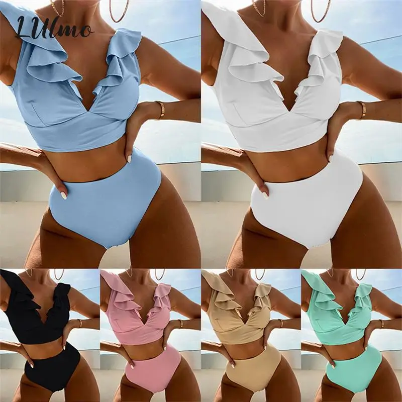 Sexy Women Pleated Lace Deep V Neckline Swimwear Push Up Ruffle Bikini Swimsuit Bikinis Set Summer Beach Wear Bathing Swimwear