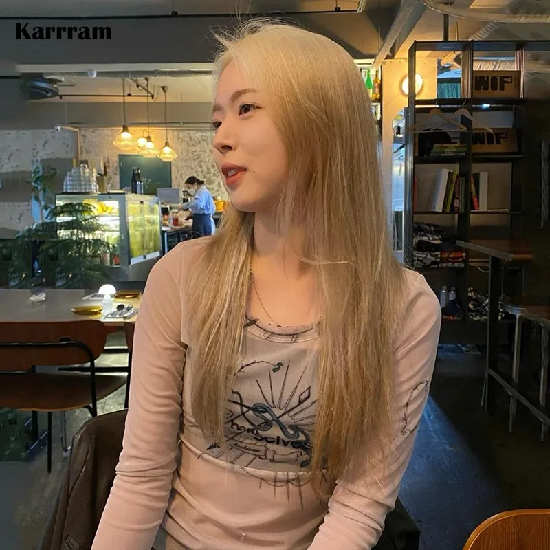 

Футболка Karrram, в Корейском стиле, с сеткой, с принтом, просвечивающий Y2k