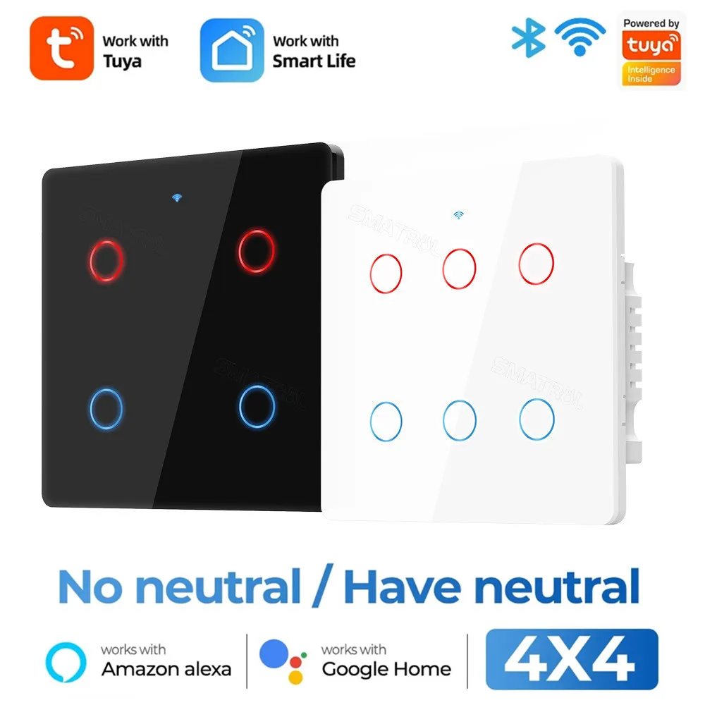 Tuya WiFi Smart Light Switch Brazil 4x4 6 Gang Touch Wall No Neutral Wire 110-240V Screen Panel APP Work With Alexa Google Home