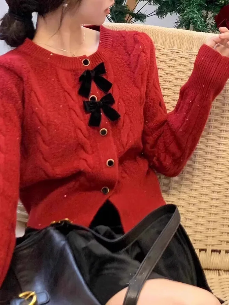 Изящный красный вязаный кардиган с бантом для женщин 2024 весна осень и зима новый