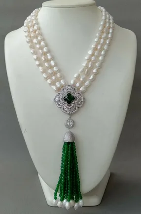 

3 Strands White baroque Pearl Necklace CZ zircon pave flower Green Jade Pendant tassel