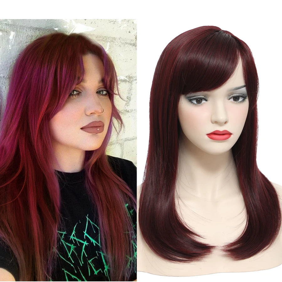 

Synthetic Straight Wigs Medium Length Wigs with Curtain Bangs Layered Burgundy Color Heat Resistant Fiber