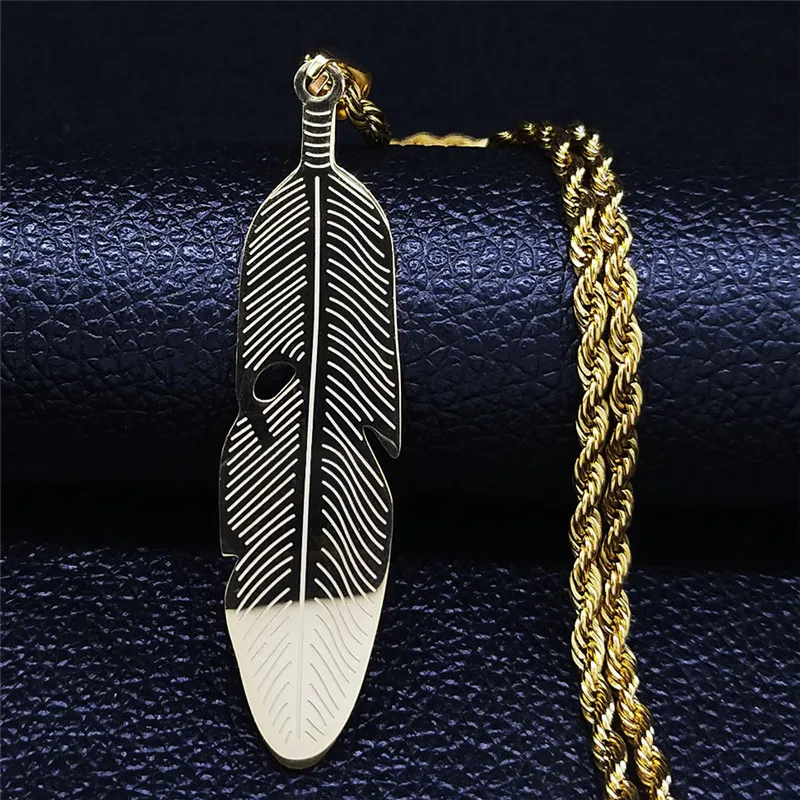 

Fashion Feather Stainless Steel Chain Necklaces for Men Gold Color Long Chain Necklace Jewelry cadenas para hombre N655S07