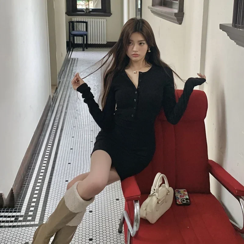 Осень/зима 2023 новый дизайн чувственное мини-платье с длинными рукавами для