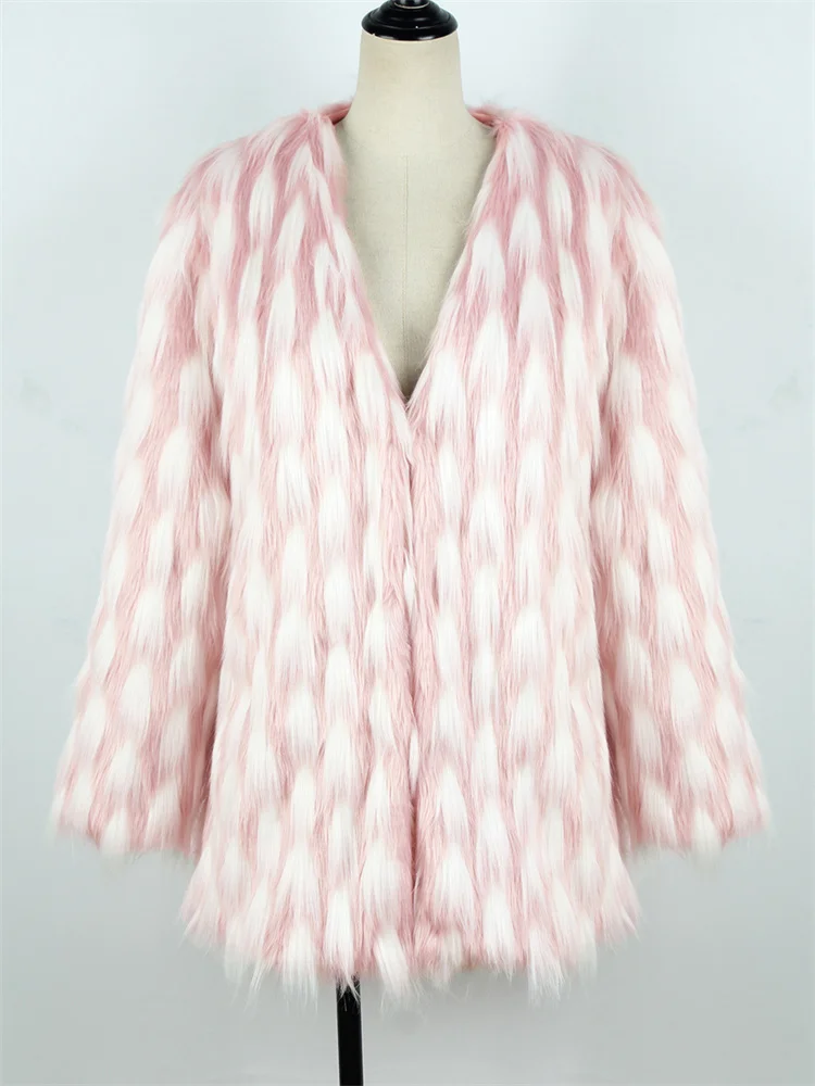 Faux Fur Coat Women Pink White Jacquard Short Jackets 2022 Autumn Winter Fashion V Neck Slim Long Sleeve Imitation Fur Clothing