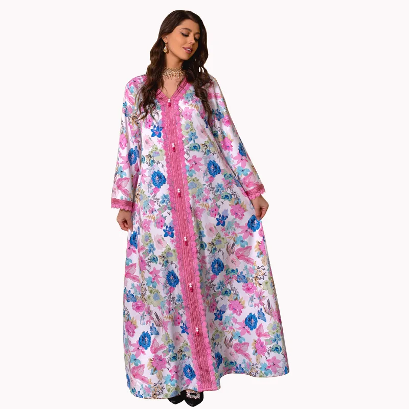 Eid Pink Embroidered Satin Dresses Muslim Long Sleeve Maxi Abaya Dubai Turkey Fashion Floral Print Jalabiya with Hijab