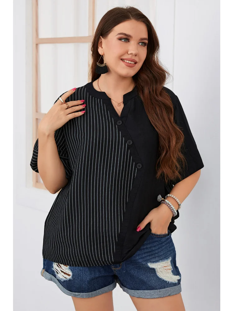 Plus-size women's striped short-sleeved T-shirt fat mm women's explosive top peplum top  plus size women clothing