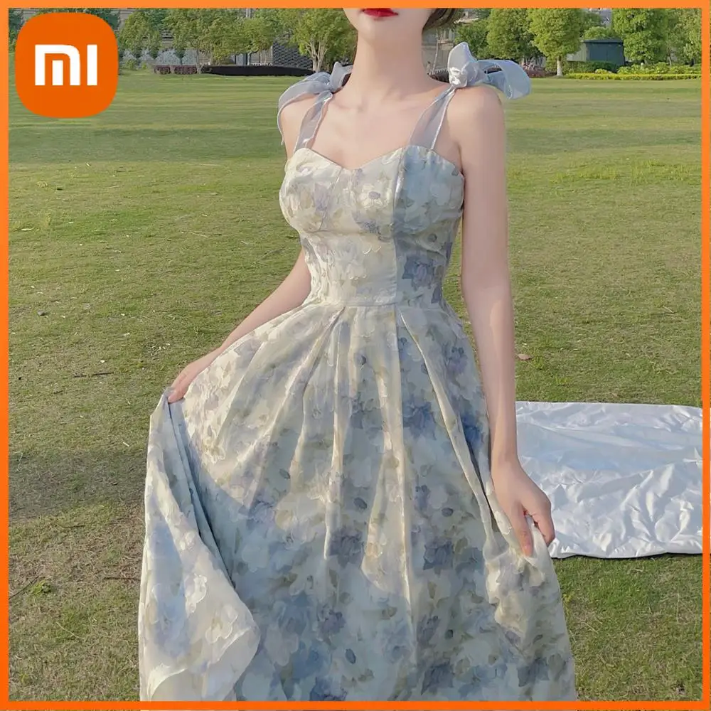 

Xiaomi Elegant Long Flower Strap Dress Women Vintage Sweet Print Slip Fairy Dress Casual Calssy Party Princess Dress Spring