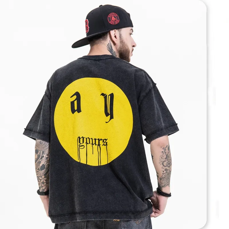 

2022 Kanye West High Street Smile Print Cotton Tshirts Mens Short Sleeve Loose Casual Summer Top O Neck Oversize Y2k Hip Hop Tee