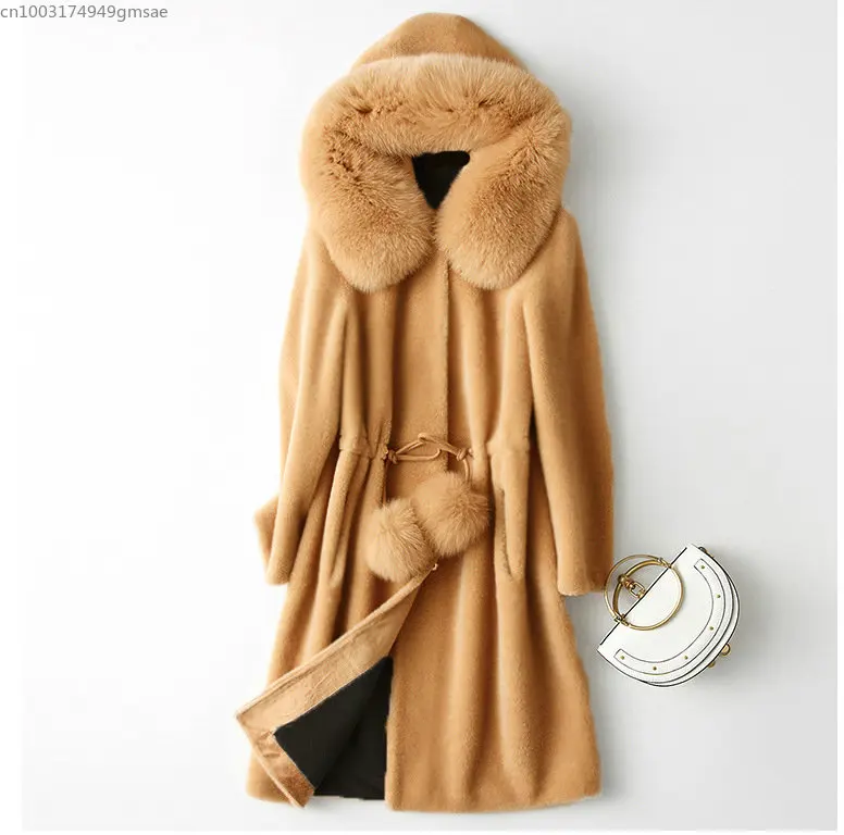 Autumn Winter Faux Fur Coat Female Long Sleeve Pockets Ball Drawstring High Waist Imitation Fox Fur Trim Hooded Outerwear Women