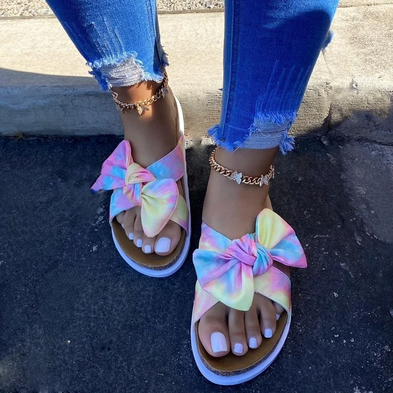 

2022 Summer Ladies Slippers Leopard Print Bow Flat Slippers Outer Wear Seaside Beach Flip Flops Leisure Women Shoes Plus Size 43