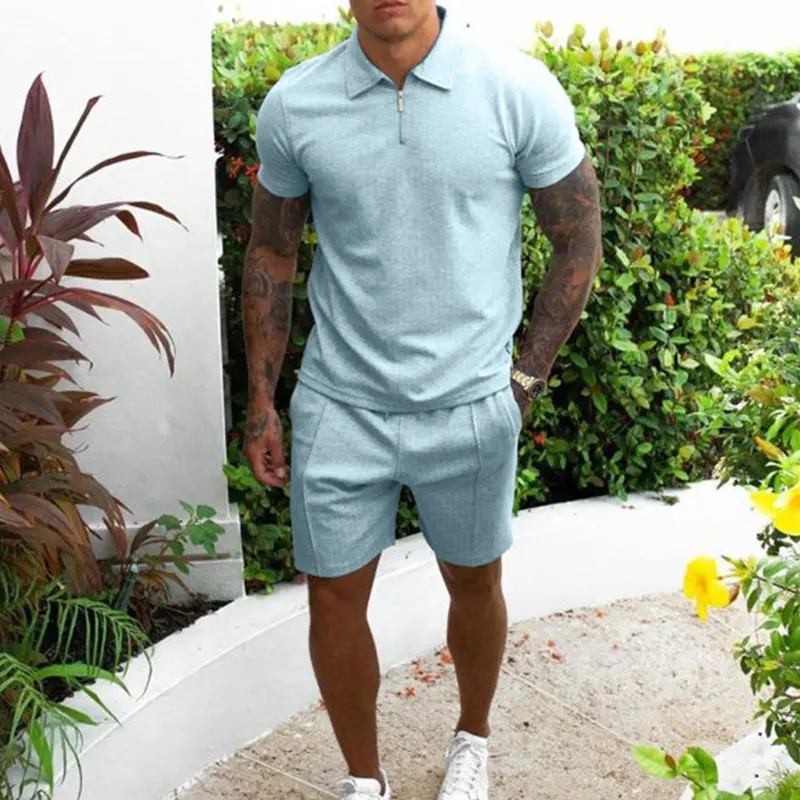 Summer Men's Tracksuit Cotton Solid Color Short Sleeve Zipper Polo Shirt&Shorts Set for Men Casual Streetwear 2-piece Set 2022