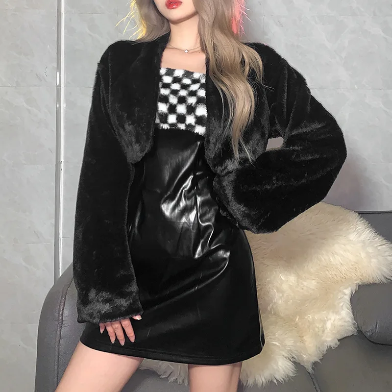 

Women's Gothic Street Suit Top + Dress Solid Color One-line Neck Cardigan Plush Jacket Fashion Halter Sling A-line Skirt Blouses