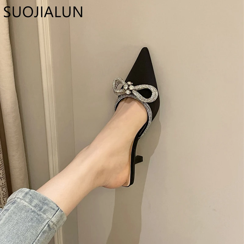 SUOJIALUN 2022 New Spring Women Slipper Bling Crystal Bow-knot Pointed Toe Slip On Mules Shoes Thin High Heel Ladies Sandal Shoe