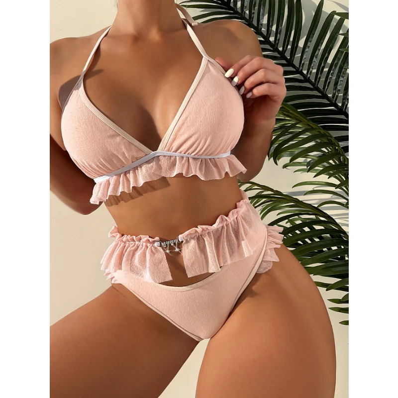 

Новинка, Лидер продаж, милое однотонное бикини с открытой спиной в европейском и американском стиле, Пляжное бикини из трех веревок
