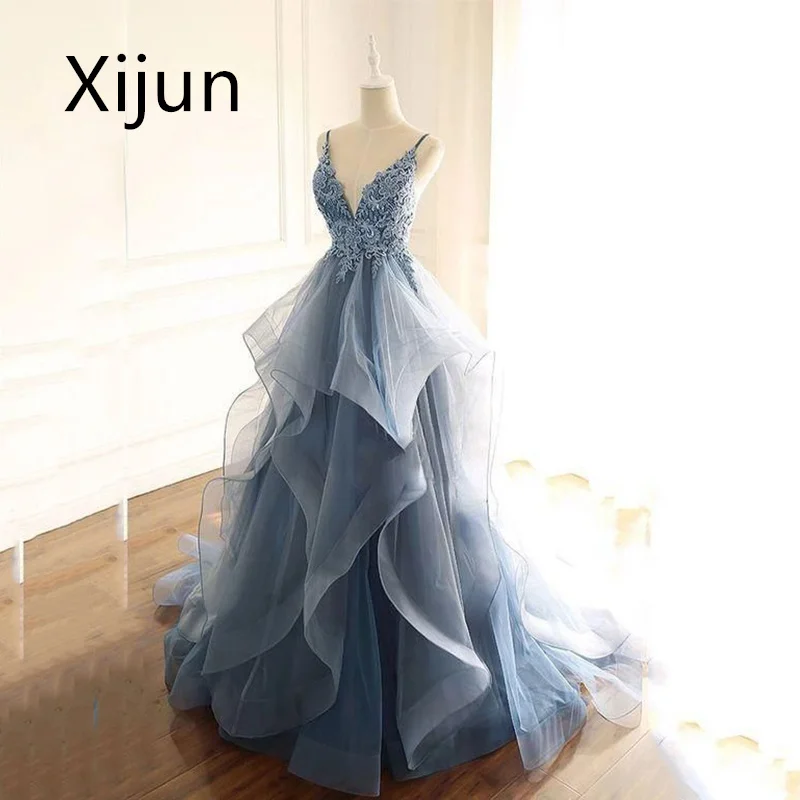 

Xijun Beading Ball Gown Evening Dresses Blue Deep V Neck Pleated Tiered Spaghetti Strap Sleeveless Women Prom Gowns Robes 2023