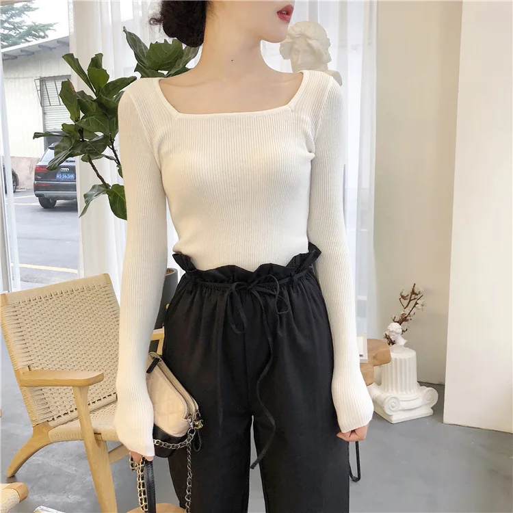 

Long sleeved winter new square collar solid knit gray