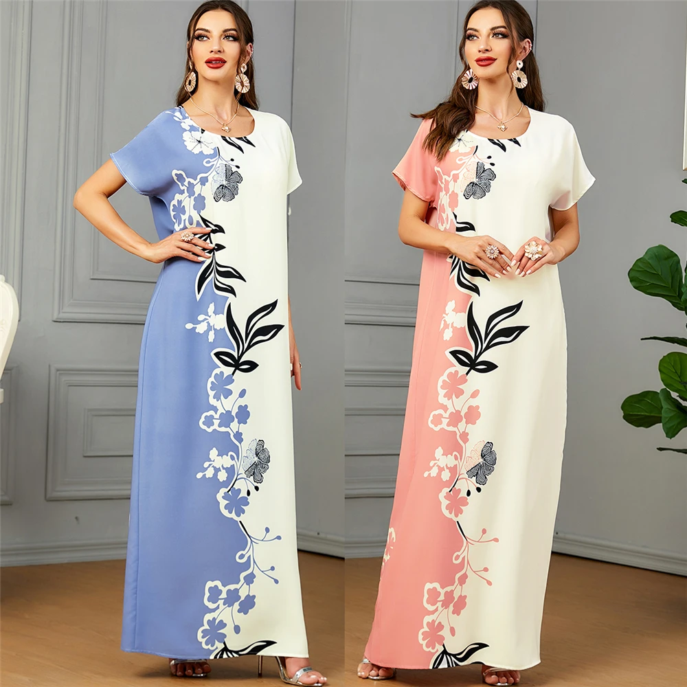 

New Women Short Sleeve Maxi Dress Muslim Abaya Floral Print Kaftan Islamic Clothing Arabic Robe Dubai Party Gown Jilbab Marocain