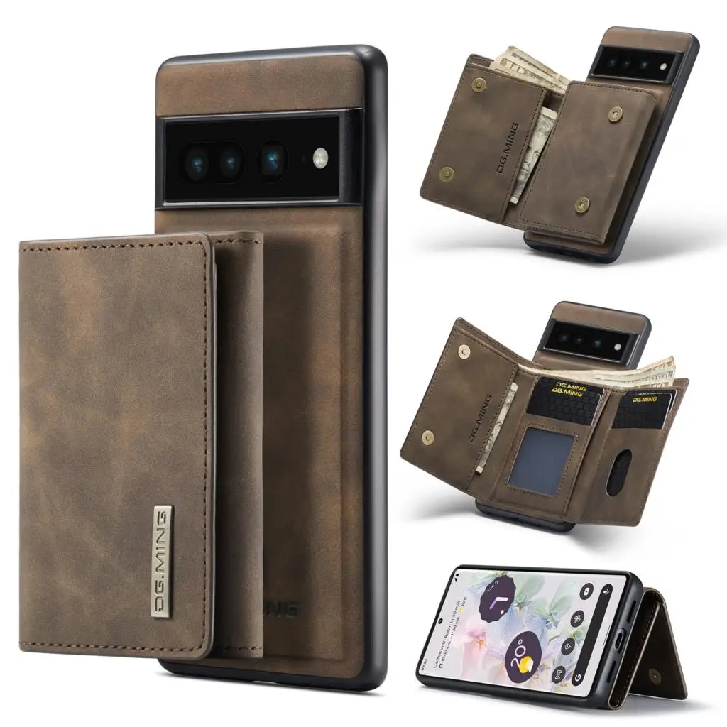 

DG.MING 2in1 Magnetic Case For Google Pixel 6 7 Pro Vintage Leather Wallet Card Slot Detachable Back Cover For Pixel 5A 6A 5G