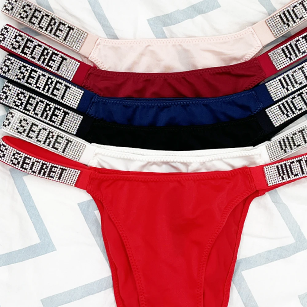 

New Women VS Seamless Panties Sexy Thong Low Waist Thongs Comfort Underwear Female Letter Rhinestones Lace G String Lingerie