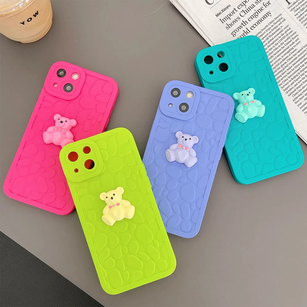 Модный флуоресцентный чехол для телефона с медведем из булыжника iPhone 13 11 X XR XS Max 12