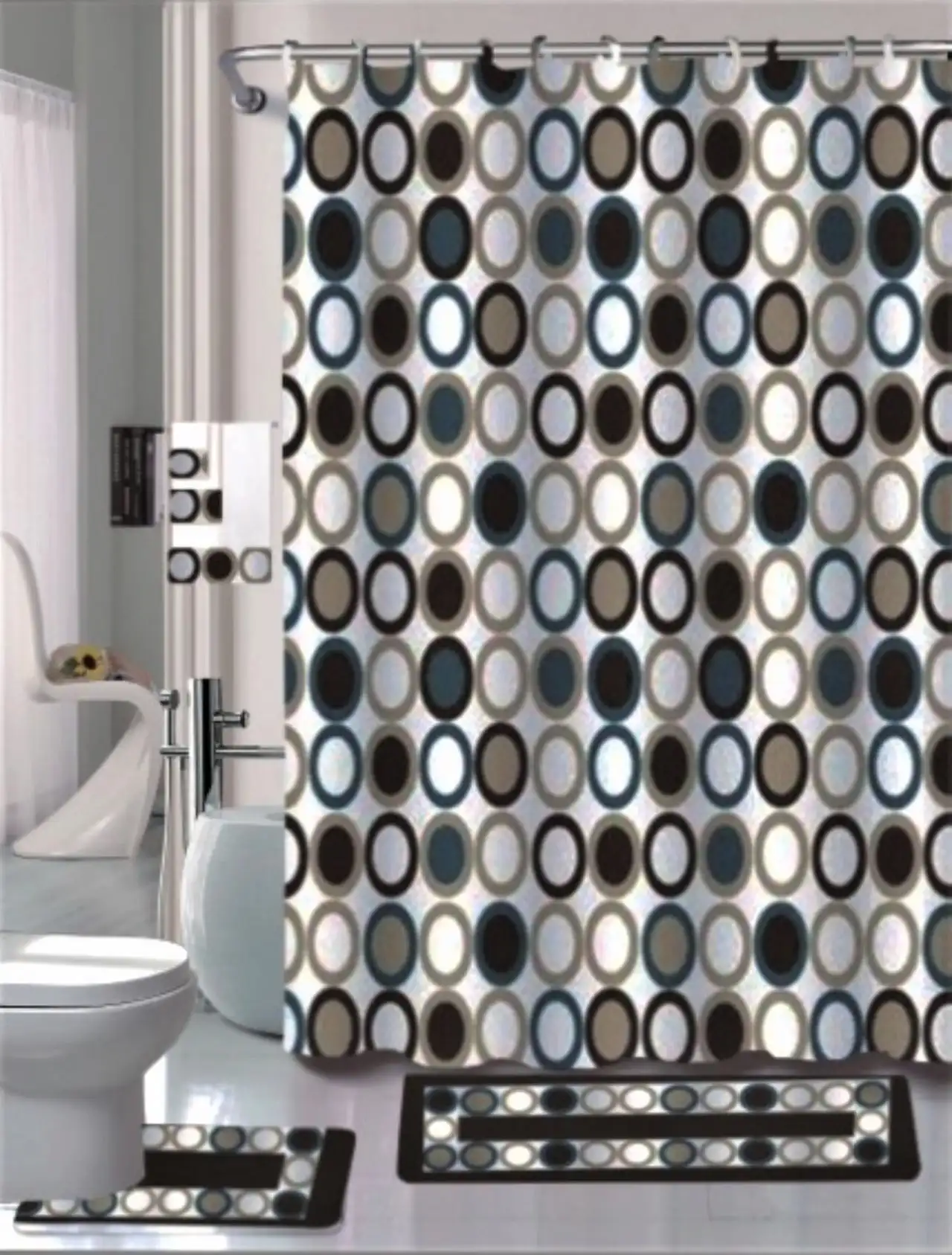 

Free Shipping BROWN SAMI 15-piece Hotel Bathroom Sets - 2 Non-Slip Bath Mats Rugs Fabric Shower Curtain 12-Hooks