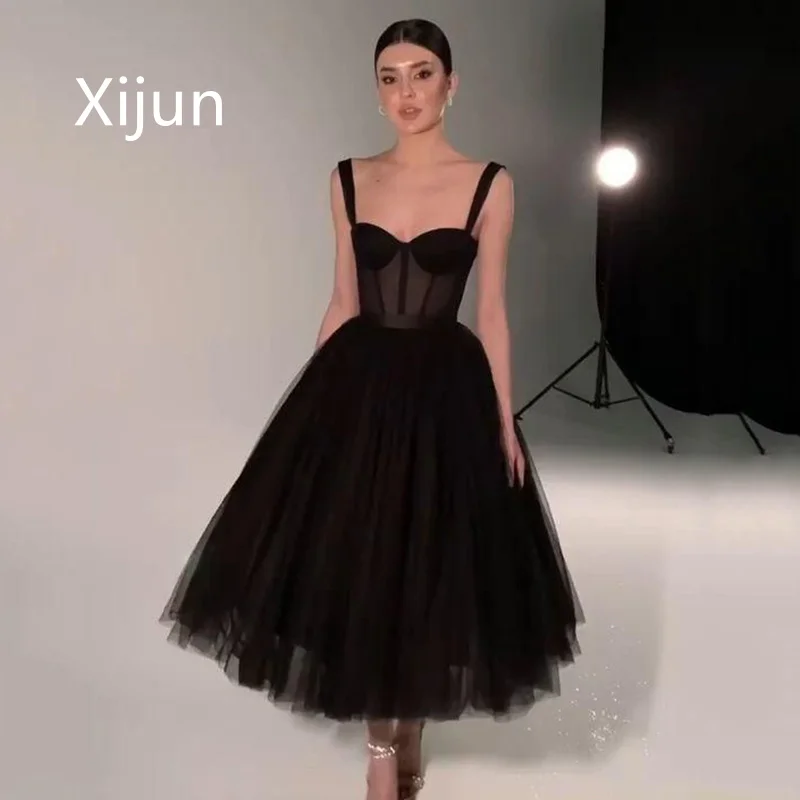 

Xijun Elegant A Line Prom Dresses Spaghetti Strap Women Evening Dress Tea Length Black Sweetheart Prom Gowns Vestidos De Gala