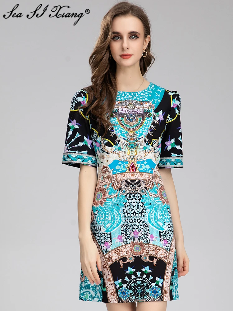 Seasixiang Fashion Designer Early Autumn Dress Women O-Neck Short Sleeve Crystal Beading Indie Folk Print Mini Dresses