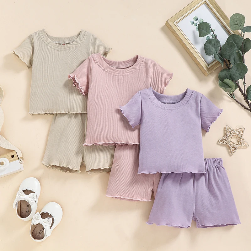 

2022 Toddlers Baby Girls Summer Clothes Set Ruffle Ribbed Knit Short Sleeves T-Shirt Tops Shorts Casual Girls Outfits 2pcs