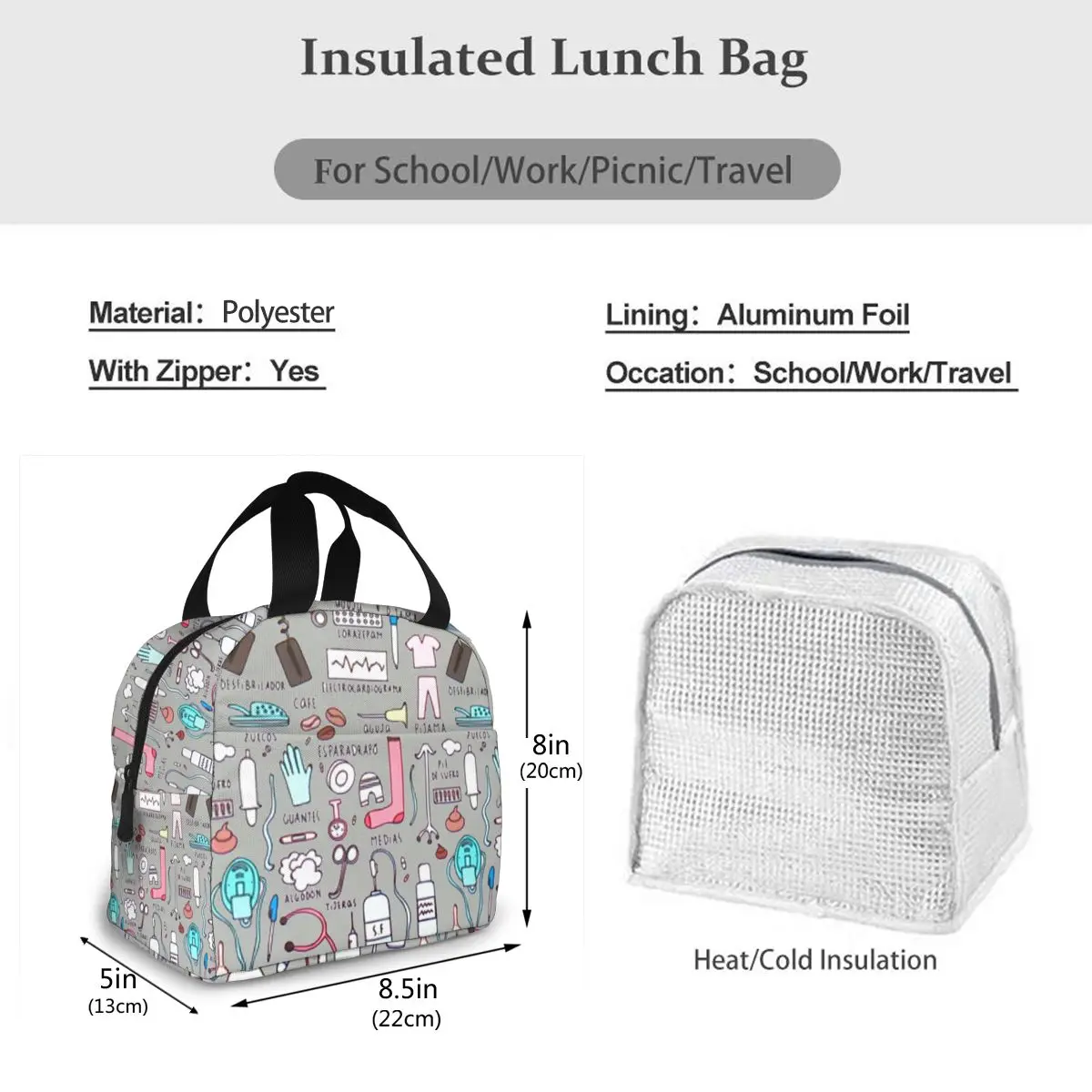 Nurse Pattern Fresh Cooler Bags Waterproof Portable Zipper Thermal Oxford Lunch Bags Women Convenient Lunch Box Tote Food Bags images - 6