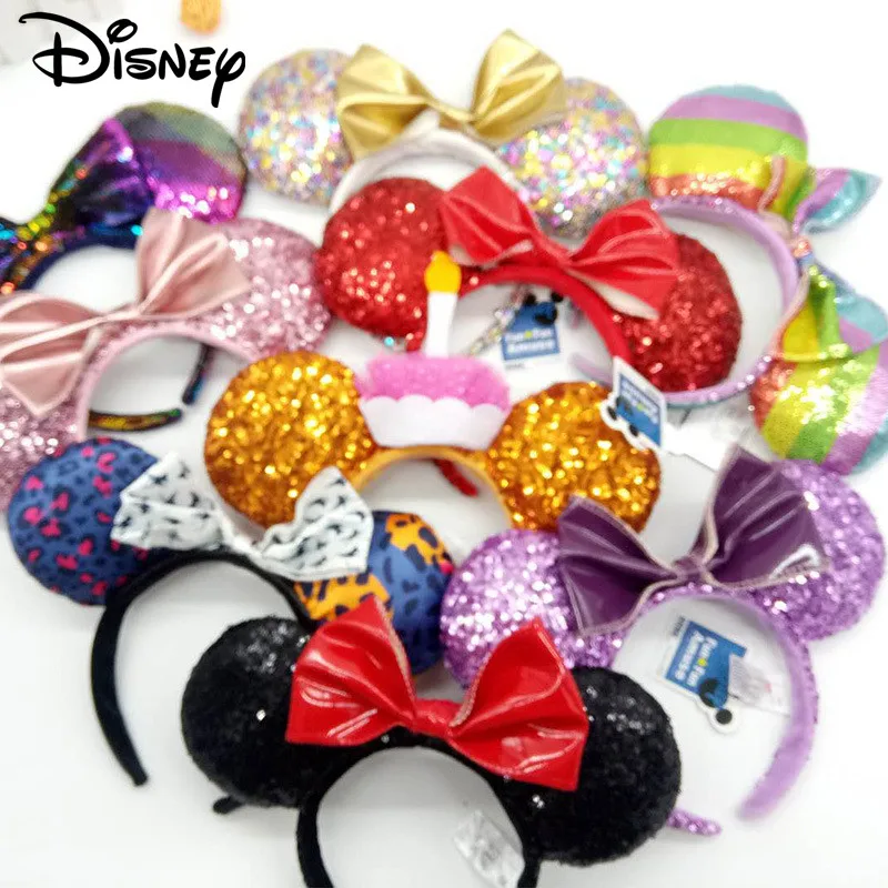 

Disney New Mickey Mouse Ears Headband Hairpin Cartoon Short Plush Glitter Hairpin Holiday Dress Cute Hair Accessories Headdress